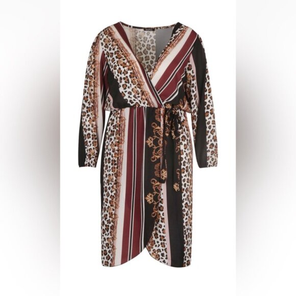 BOOHOO Faux Wrap Chain Mixed Print Dress Midi Lightweight V Neck Belt Plus Sz 20 - Picture 3 of 16